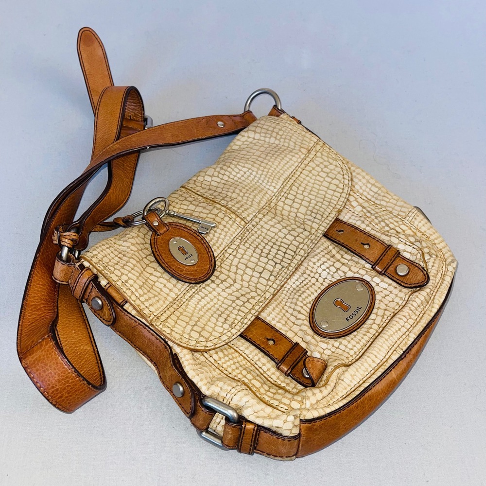 Fossil Long Live Vintage Crossbody Bag Embossed Leather Cream Brown Silver